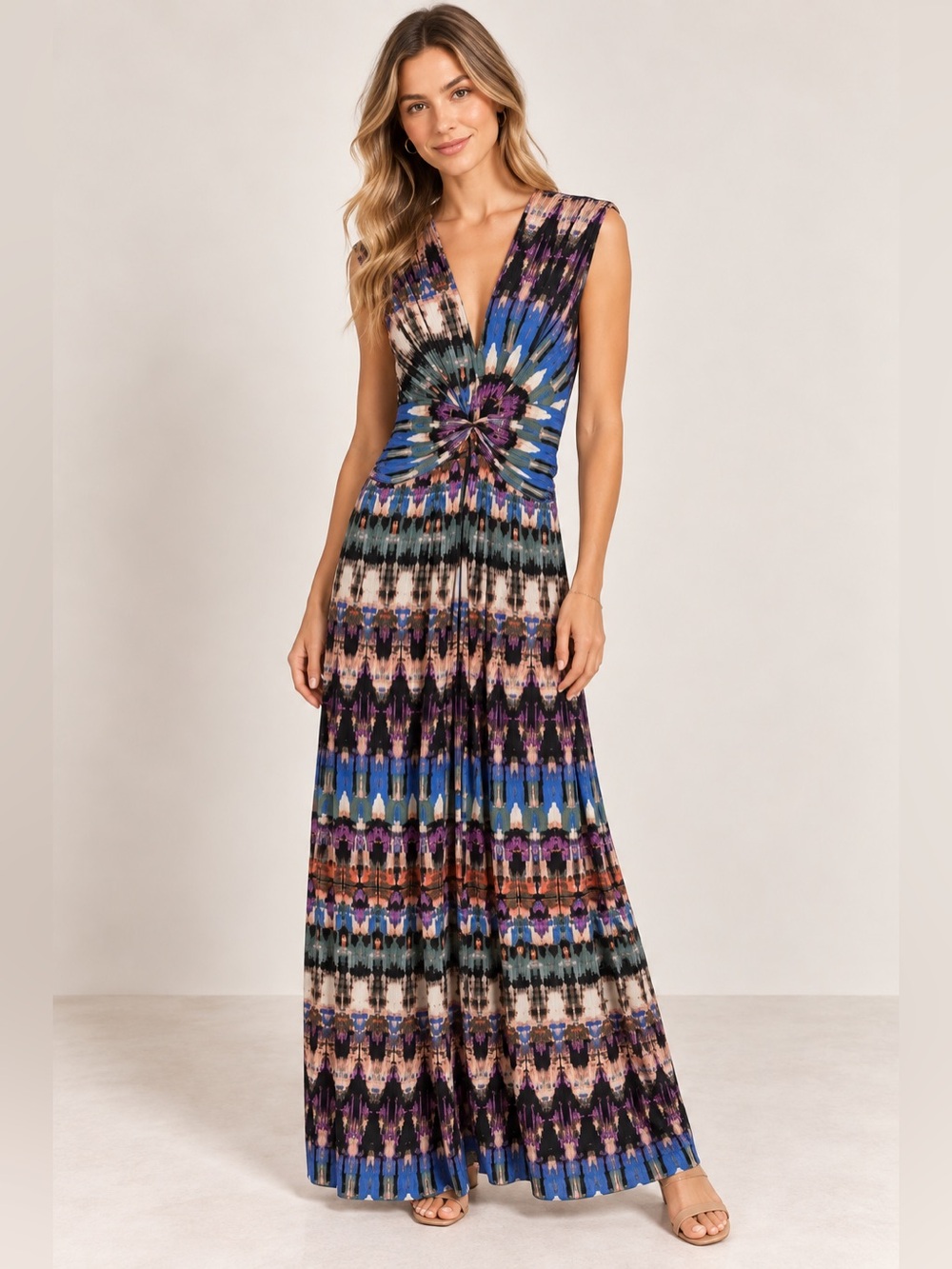 Eliza J Womens 12 Sleeveless Twist Front Printed Maxi Dress Blue Purple Stretch